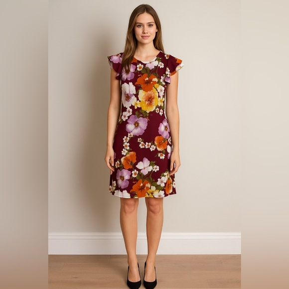 Burgundy Floral Mini Dress - Picture 2 of 8